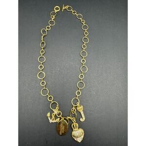 Juicy Couture Gold Tone Heart Crown Anchor Charm Necklace Statement Toggle Clasp